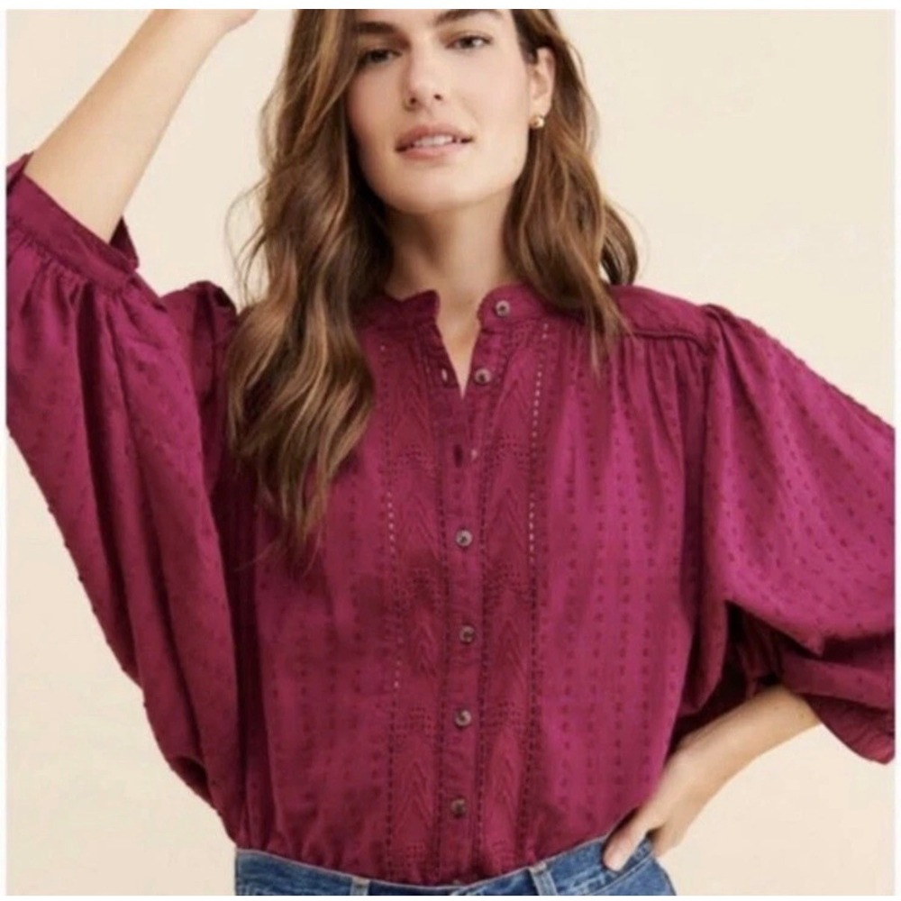 Anthropologie Pilcro Embroidered Swiss Dot Peasant Blouse Berry Magenta Small S